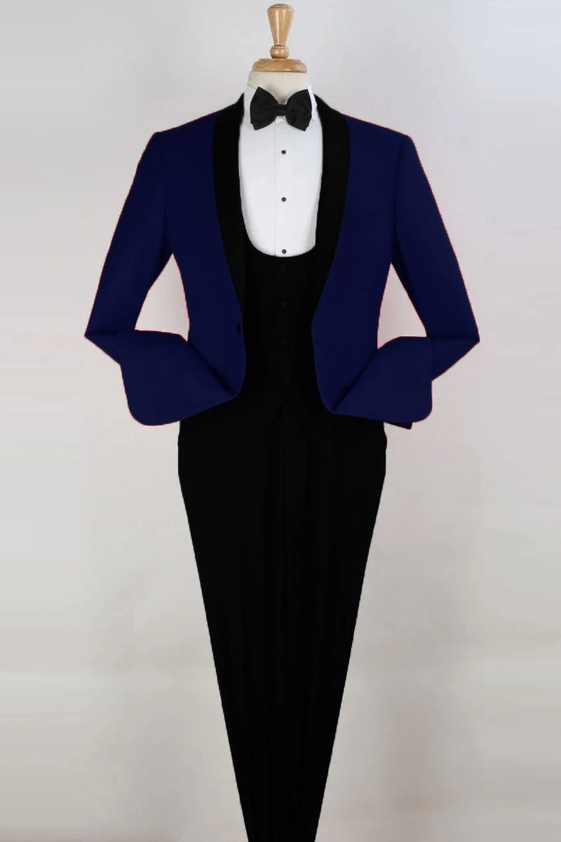 Blauwe Heren 1-Knops Tuxedo met Vest en Sjaalkraag: Klassiek en Stijlvol, Klaar voor Jouw Grote Moment.