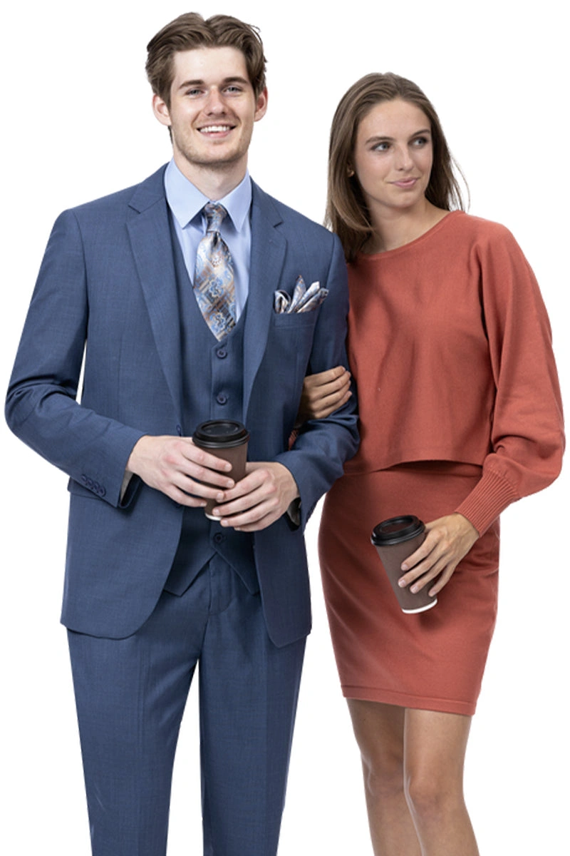 Stijlvol herenpak: midnight blue sharkskin, modern fit, met vest, 2 knopen – klaar voor succes!