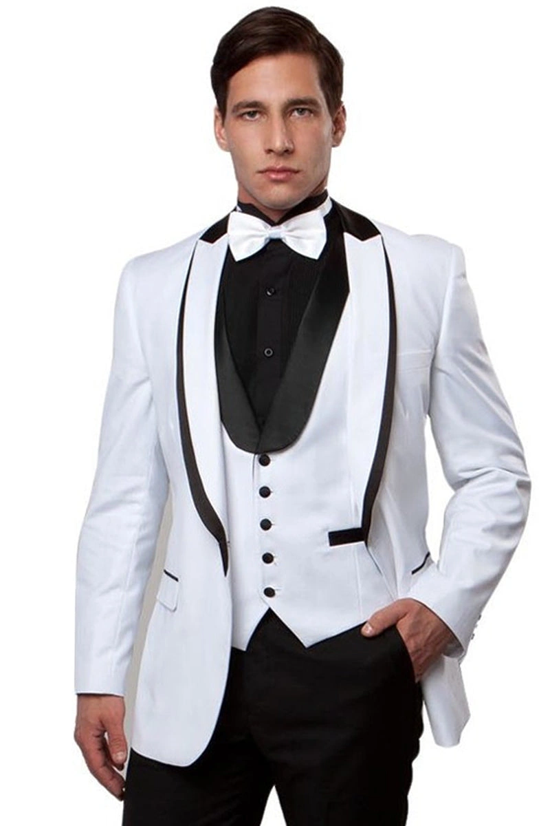 Witte Tuxedo voor Heren met Satijnen Details en Vest: Stijlvol & Klaar voor de Nacht!